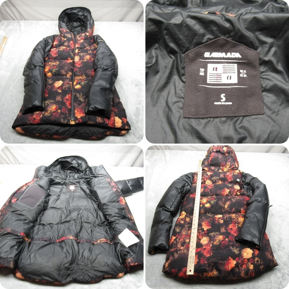 Armada Down Jacket Women Small Black Floral Hooded Faux Leather Sleeves Puffer